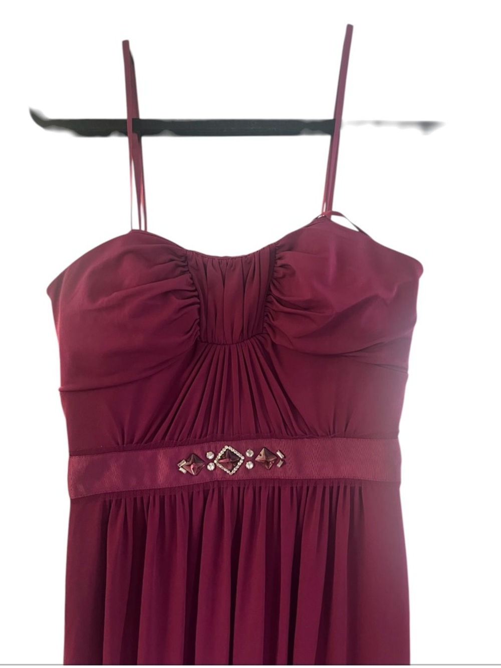 BCBG Paris Strapless Burgundy Evening Gown with Beaded Waist